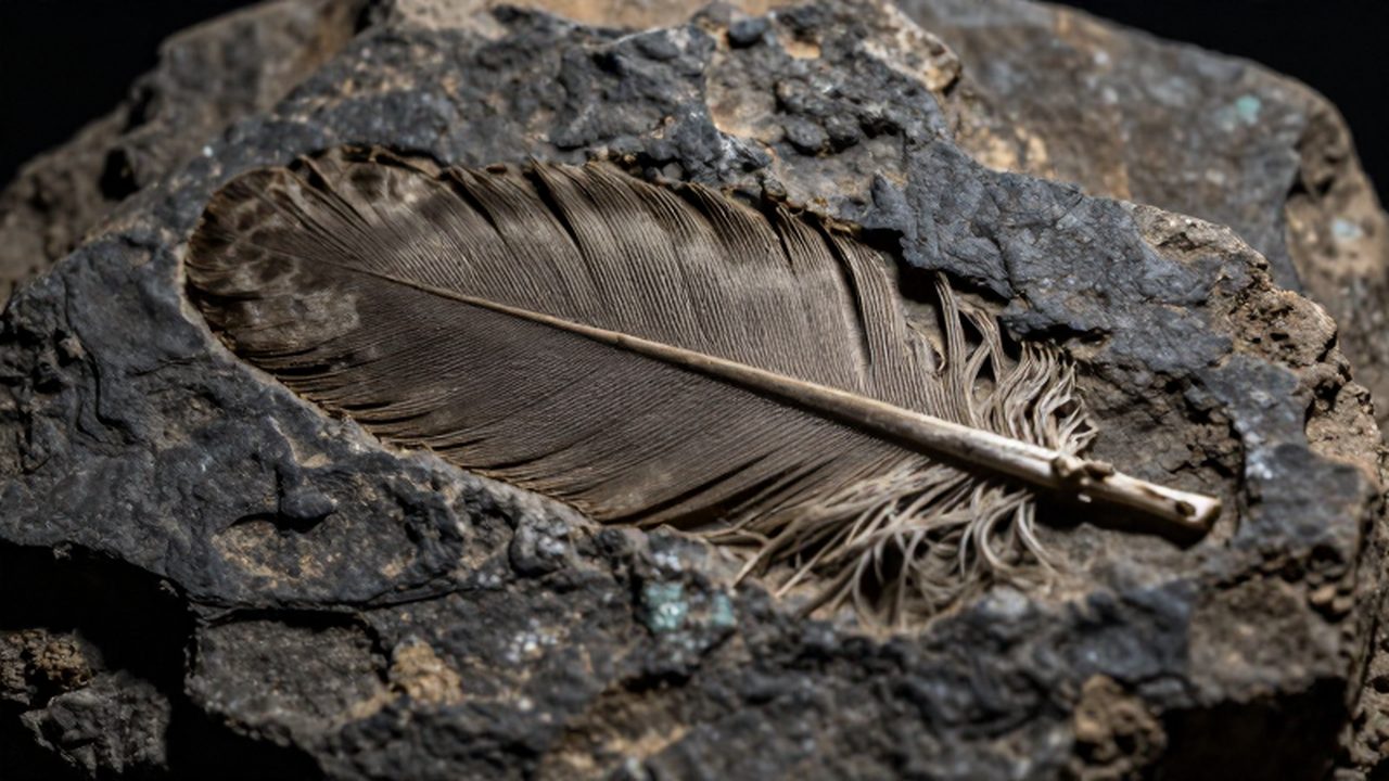 Impresión detallada de una pluma de terópodo fosilizada sobre una roca sedimentaria oscura.