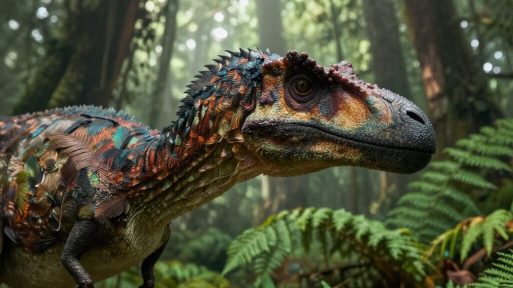 Primer plano de un Deinonychus con plumas iridiscentes en un bosque de helechos prehistóricos.