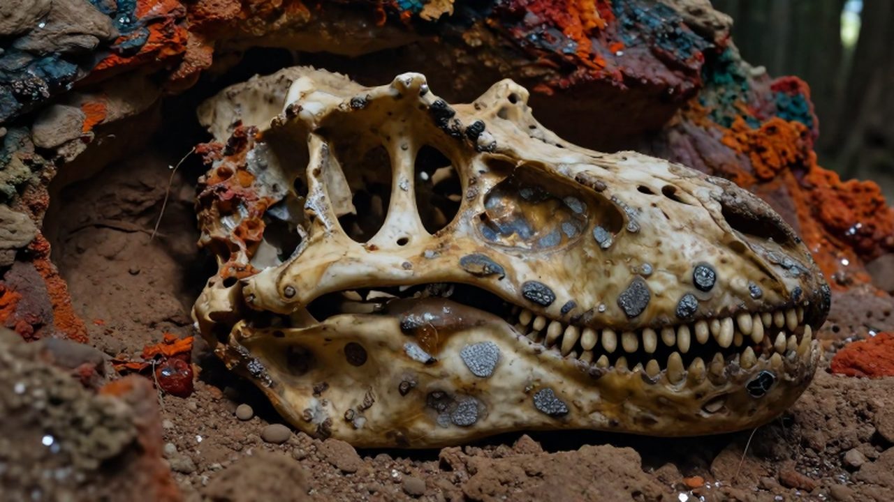 Cráneo fosilizado de un Tyrannosaurus rex incrustado entre sedimentos de arcilla y minerales rojizos.