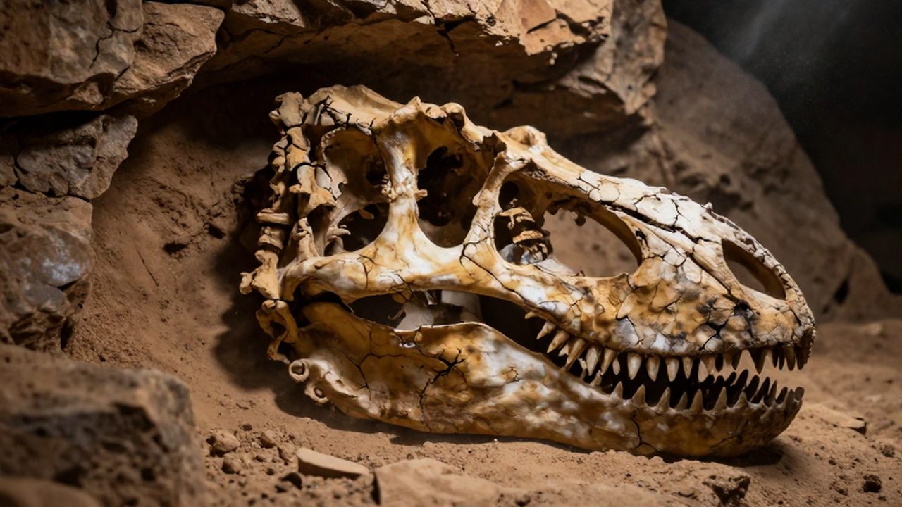 Cráneo de Tyrannosaurus rex parcialmente fosilizado entre capas de roca sedimentaria y arena.