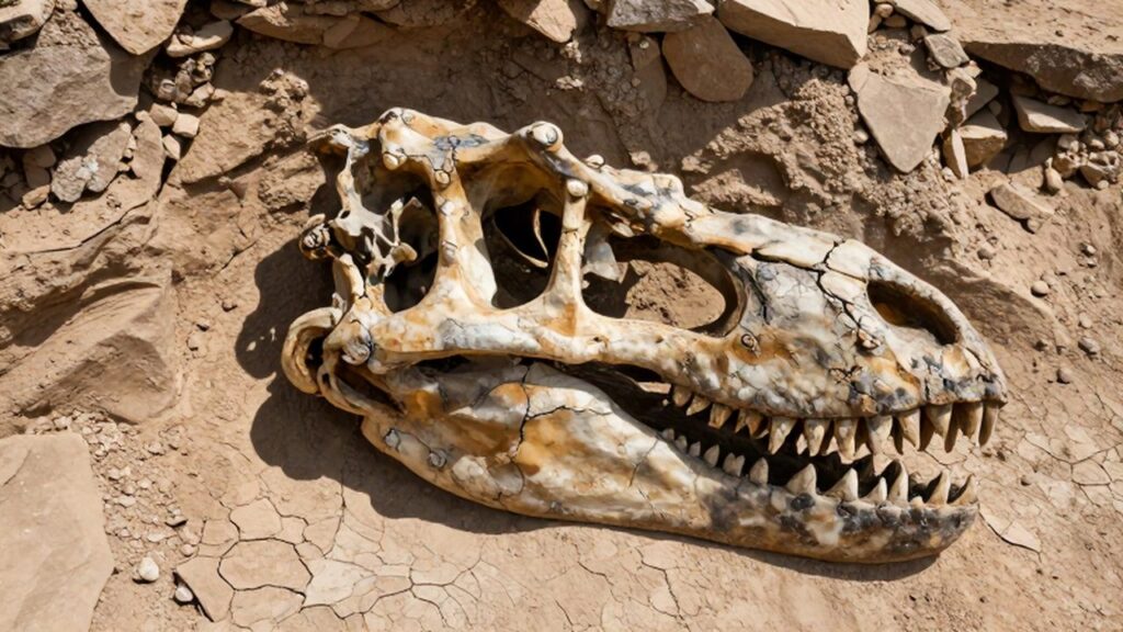Cráneo de Tyrannosaurus rex parcialmente fosilizado entre capas de roca sedimentaria en un desierto.