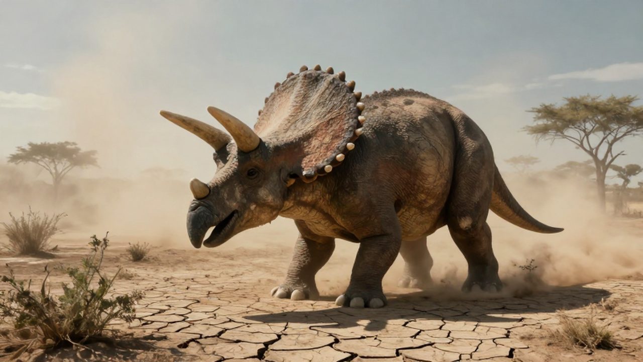 Un enorme triceratops camina con dificultad por un paisaje prehistórico seco y agrietado.