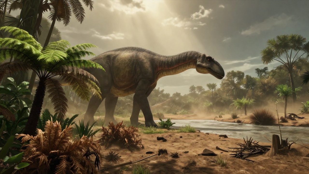 Un Brachiosaurus pasta helechos verdes junto a un río seco en una selva que se marchita.