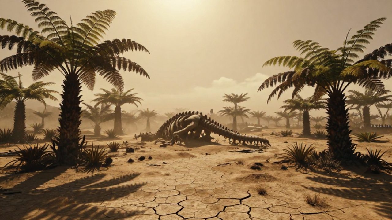 Restos de un dinosaurio entre vegetación marchita y tierra agrietada bajo un sol abrasador.