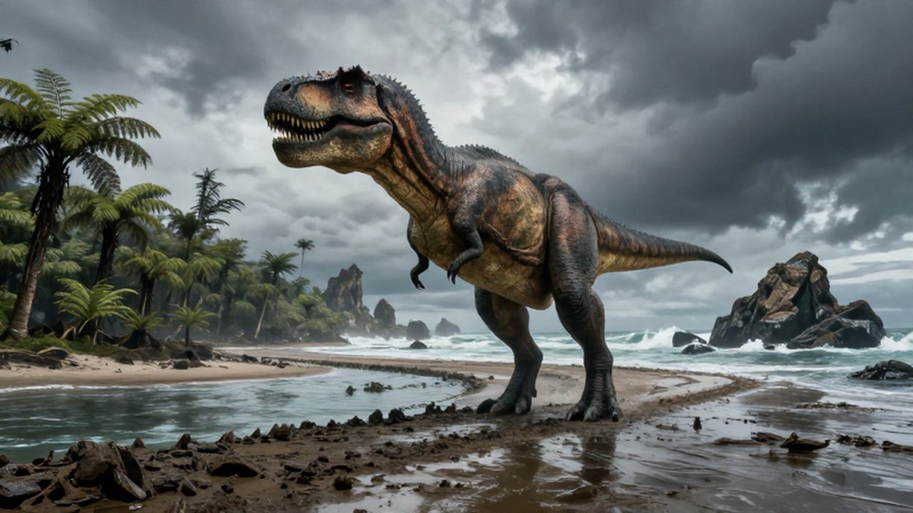 Un tiranosaurio rex sobre un estrecho terreno fangoso frente a un océano que inunda un bosque prehistórico.
