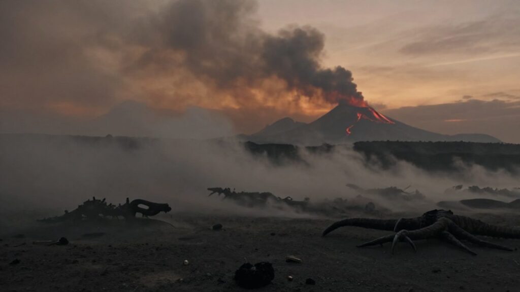 Paisaje desolado de llanuras volcánicas cubiertas de ceniza con restos de reptiles carbonizados bajo un cielo naranja.