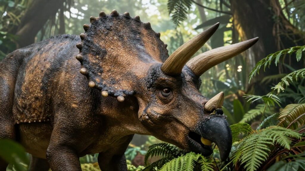 Triceratops con piel texturizada alimentándose de helechos en una selva prehistórica nebulosa.