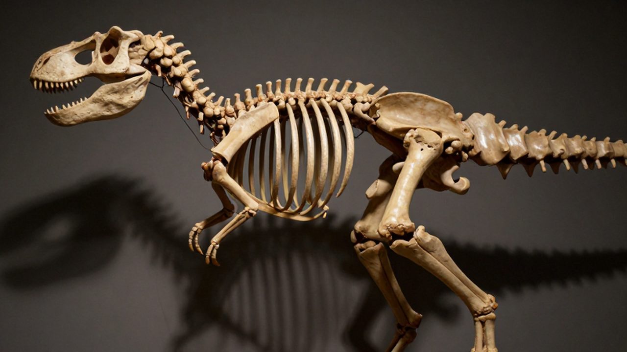 Reconstrucción esquelética detallada de un dinosaurio terópodo mostrando su caja torácica y costillas fosilizadas.