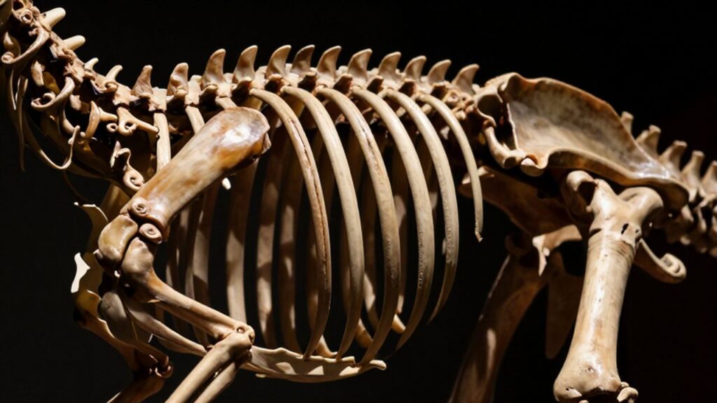Primer plano detallado de la caja torácica y el esternón de un esqueleto de dinosaurio.