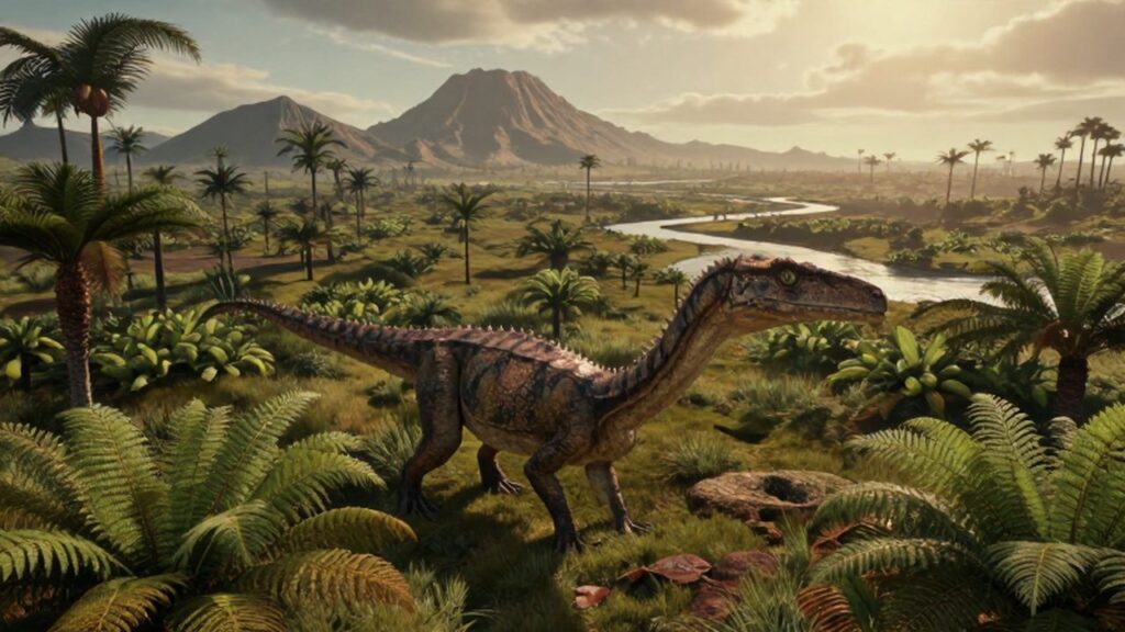 Un Coelophysis camina entre helechos y cycadas en una llanura inundada con volcanes al fondo.