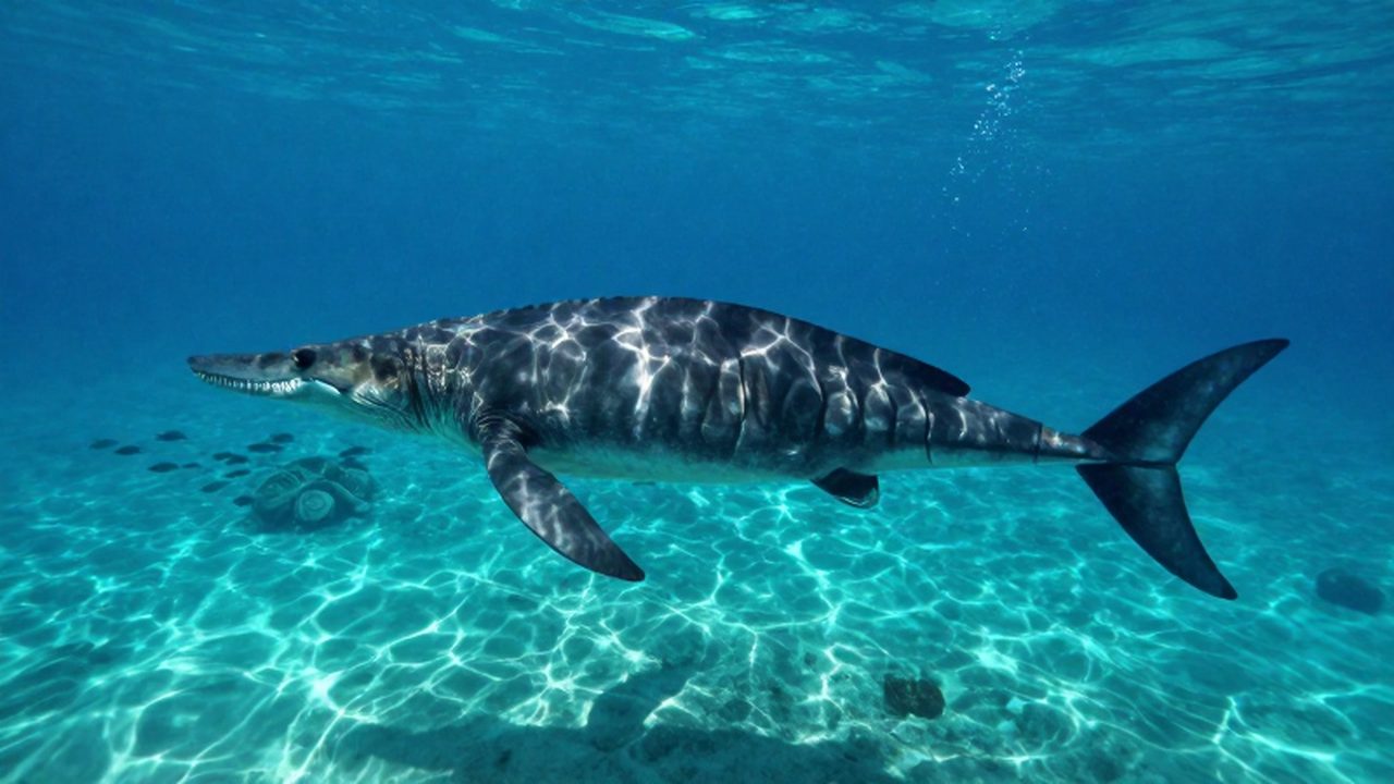 Un enorme mosasaurio nada por un océano prehistórico rodeado de peces y ammonites.