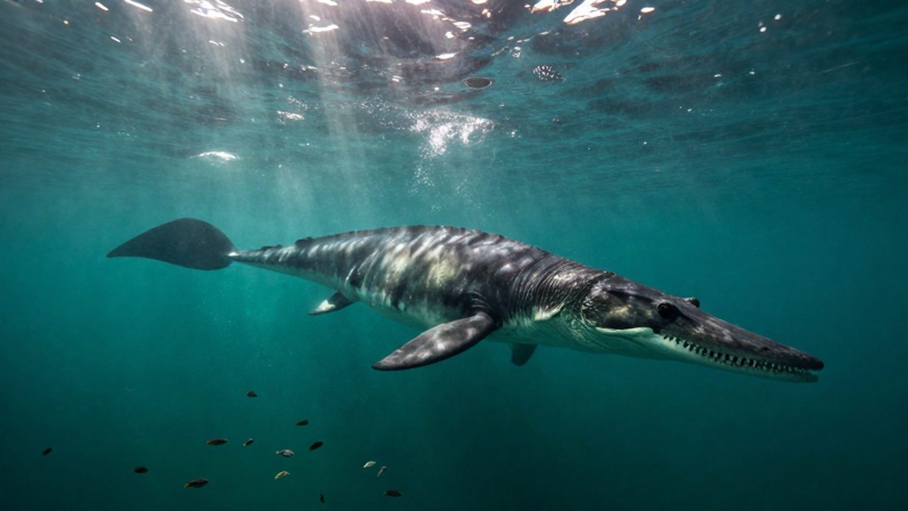 Un enorme Mosasaurus nada entre cardúmenes de peces bajo la luz filtrada del océano prehistórico.