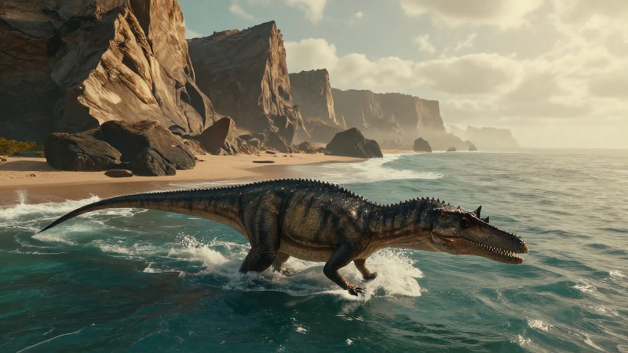 Un Spinosaurus camina por aguas poco profundas frente a acantilados costeros durante el atardecer.