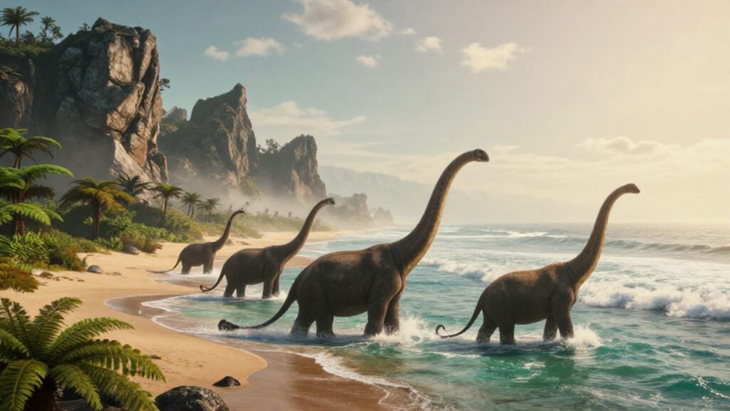 Sauropodos de cuello largo caminando por una costa tropical con acantilados y aguas turquesas.
