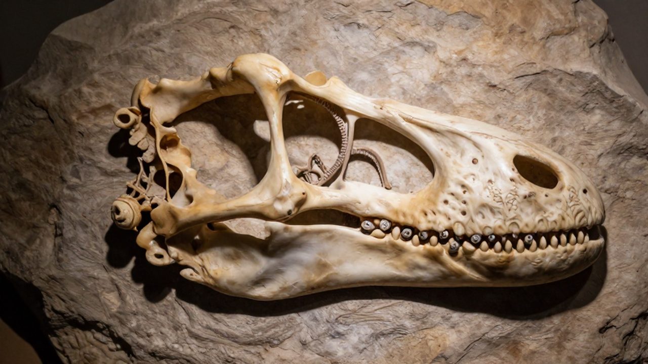 Primer plano de una mandíbula de dinosaurio fosilizada que se transforma en pequeños huesecillos de oído de mamífero.