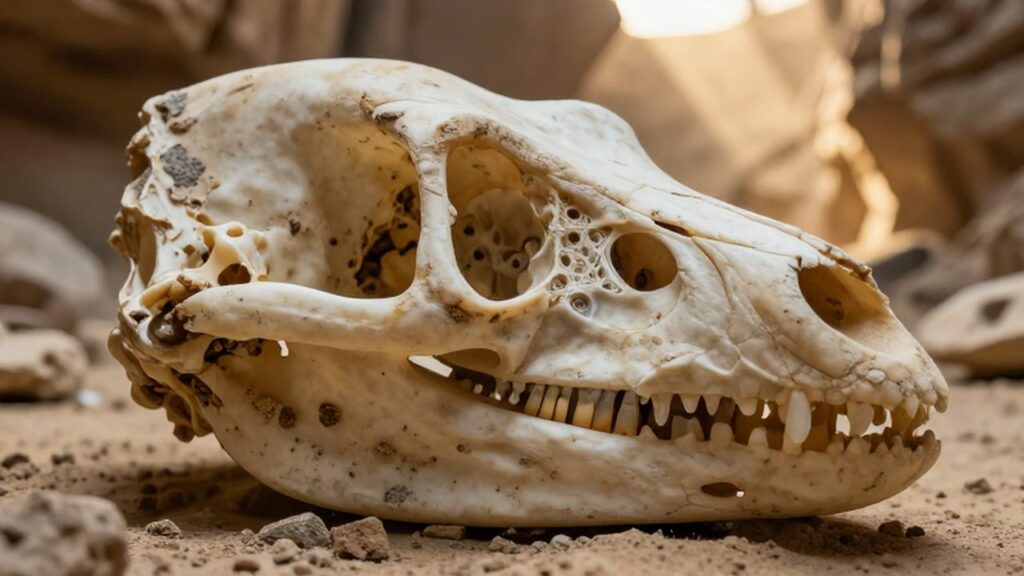 Primer plano detallado de los huesos del oído y el canal auditivo en un fósil de reptil prehistórico.