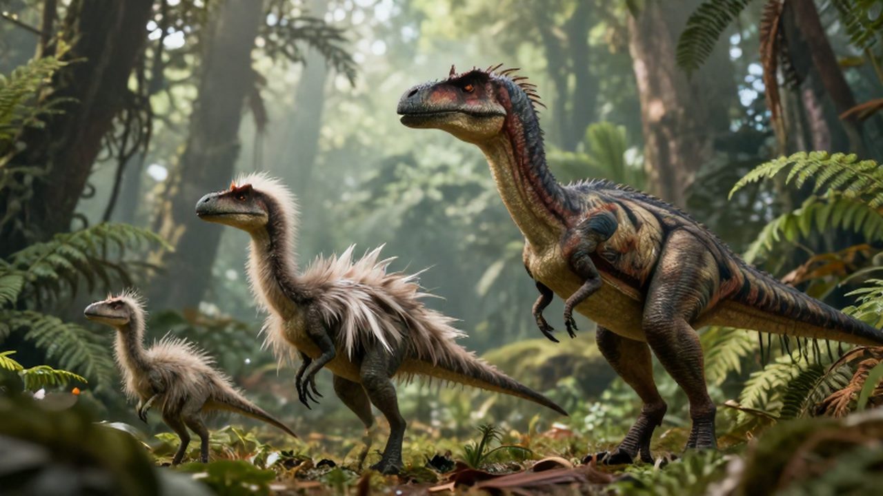 Tres dinosaurios terópodos con distintos tipos de plumaje evolucionando en un bosque prehistórico neblinoso.