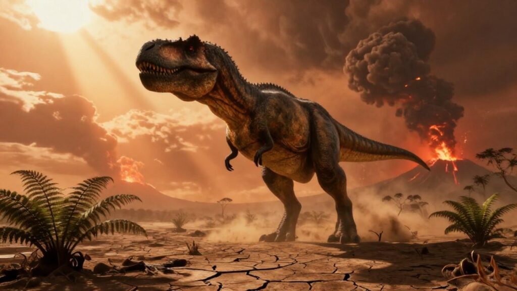 Un imponente tiranosaurio rex sobre un paisaje desértico bajo un cielo naranja lleno de ceniza.