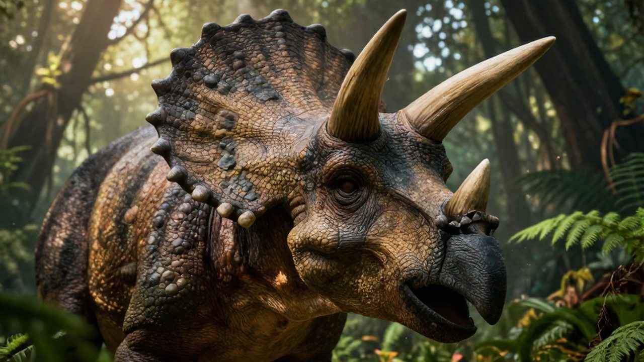 Primer plano de la cabeza de un Triceratops con tres cuernos en un bosque prehistórico.