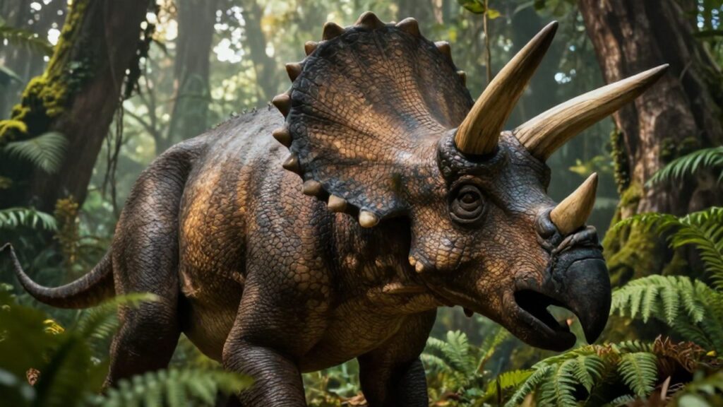 Triceratops con gran gola ósea y cuernos afilados entre la vegetación de una selva prehistórica.