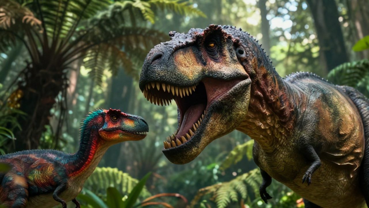 Un imponente Tyrannosaurus Rex con saco gular colorido intimida a un pequeño Deinonychus en la selva.