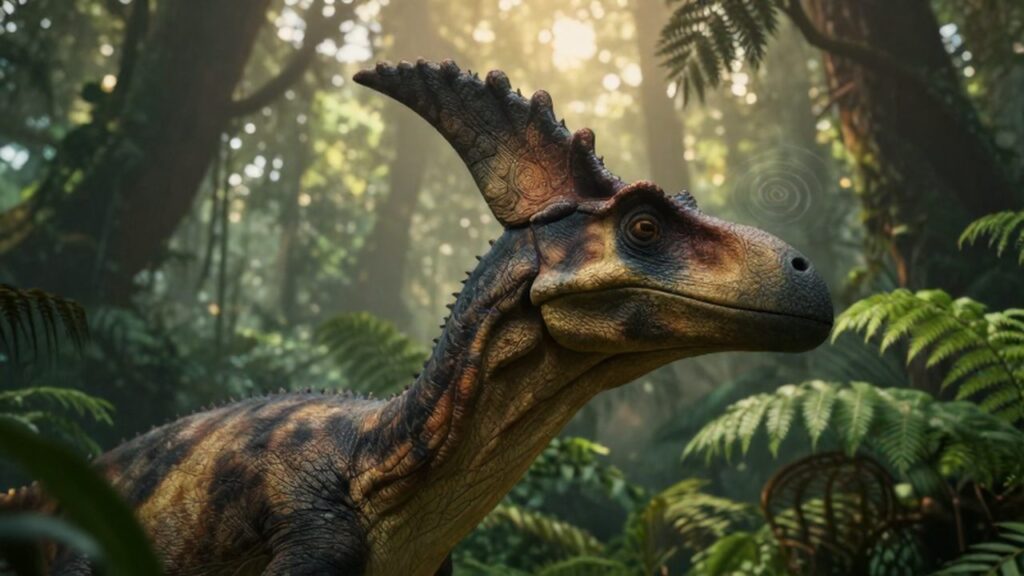 Primer plano detallado de un Parasaurolophus entre helechos en un denso bosque prehistórico.