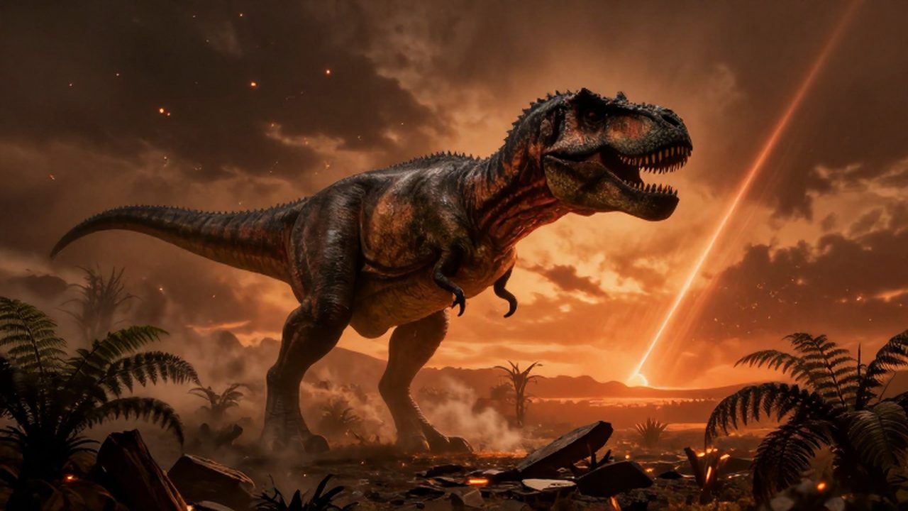 Un colosal tiranosaurio rex en un paisaje prehistórico desolador bajo un cielo de ceniza y meteoritos.