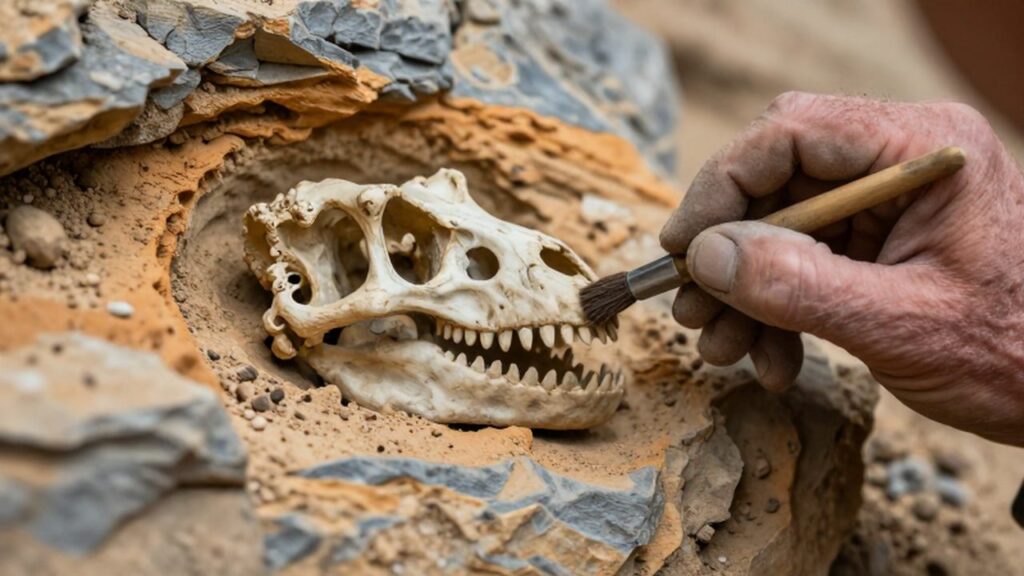 Mano de un paleontólogo limpiando con un pincel un cráneo de dinosaurio en rocas sedimentarias.
