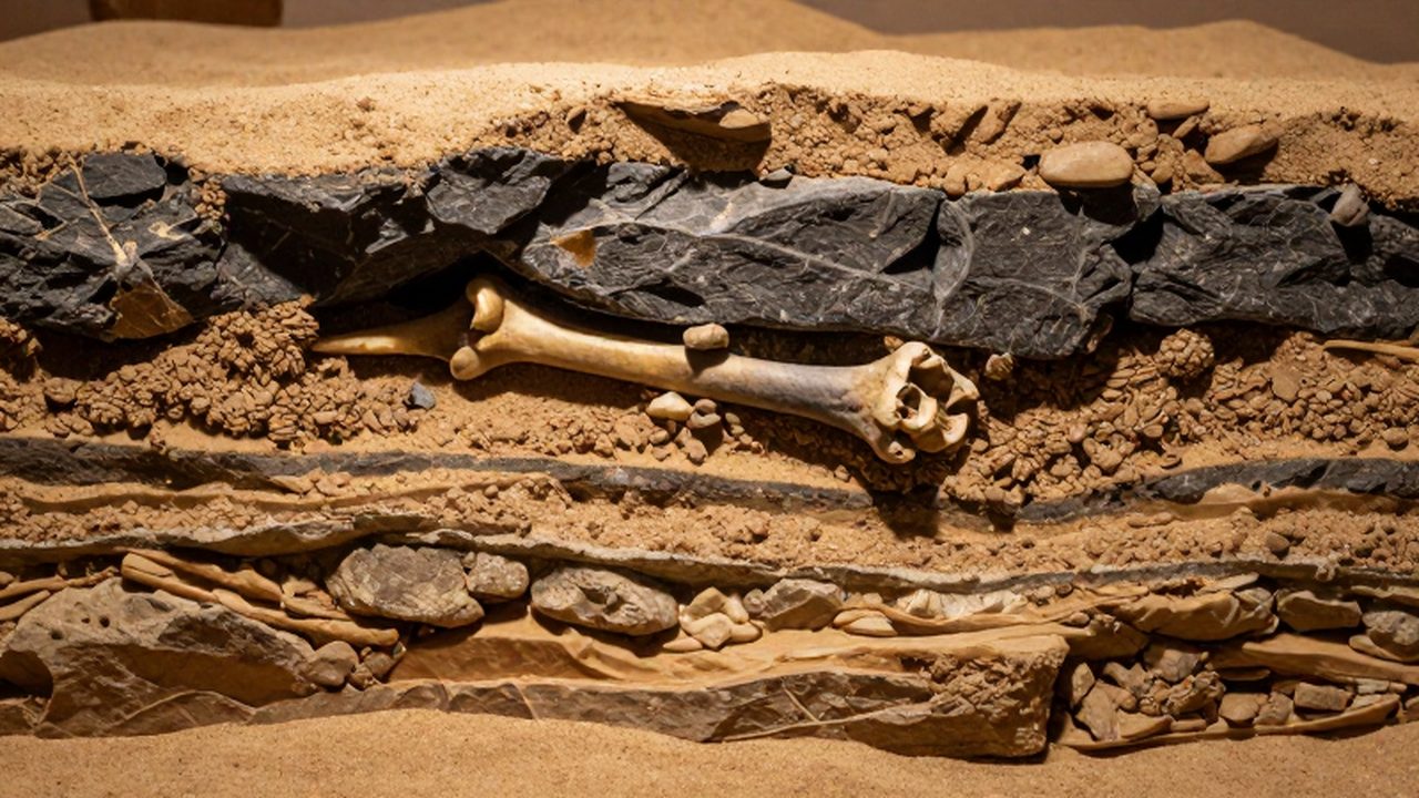 Fragmento de hueso de dinosaurio fósil incrustado en capas de sedimentos y roca caliza.
