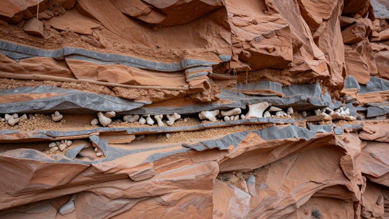Primer plano de capas de sedimentos de colores en un cañón con fragmentos de huesos de dinosaurio fósiles.