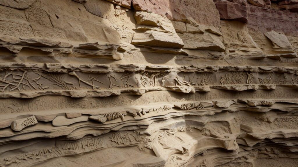 Corte geológico de un cañón con estratos de roca y restos de fósiles de dinosaurios.