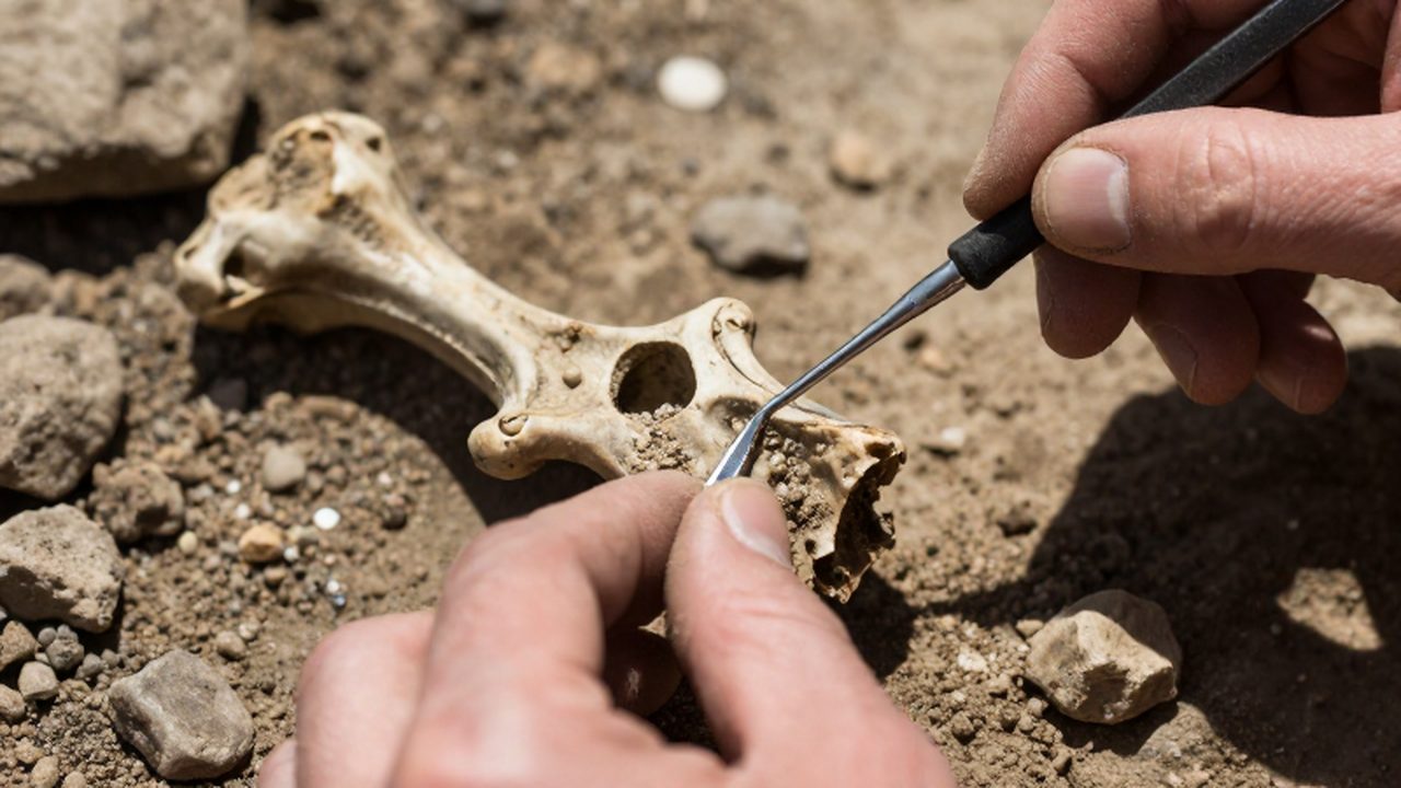 Manos de un paleontólogo limpiando con delicadeza un fragmento de fósil de T-Rex.
