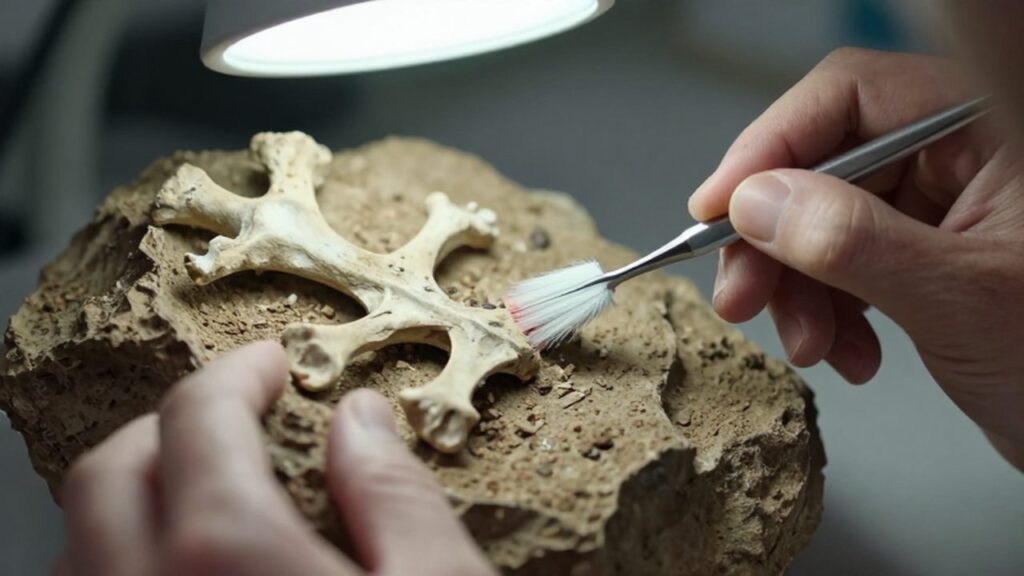 Manos de un paleontólogo limpiando con cuidado una vértebra de dinosaurio con herramientas de precisión.