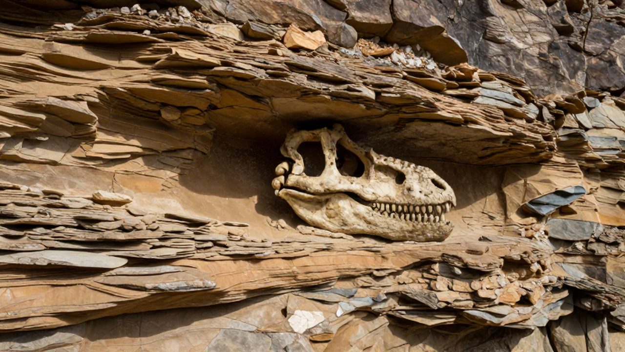 Cráneo de Tyrannosaurus Rex fosilizado incrustado entre las capas de un acantilado de roca sedimentaria.