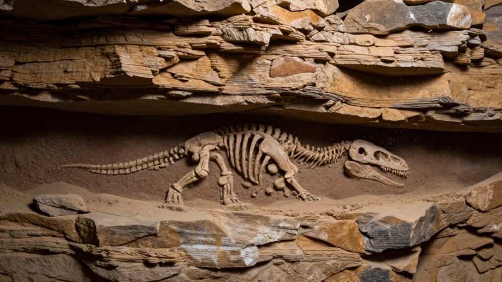 Esqueleto de dinosaurio parcialmente incrustado en capas de roca sedimentaria de tonos ocres.