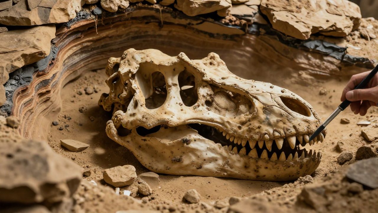 Cráneo de Tyrannosaurus Rex parcialmente excavado entre capas de sedimentos rocosos y arena.