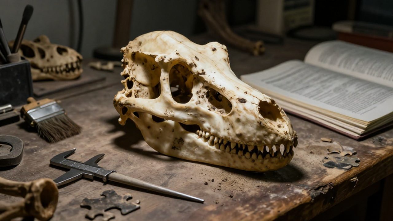 Cráneo de Tyrannosaurus rex parcialmente excavado sobre un banco de trabajo en un laboratorio paleontológico.