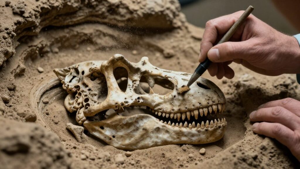 Un paleontólogo limpia con un pincel un cráneo parcial de Tyrannosaurus rex entre sedimentos rocosos.