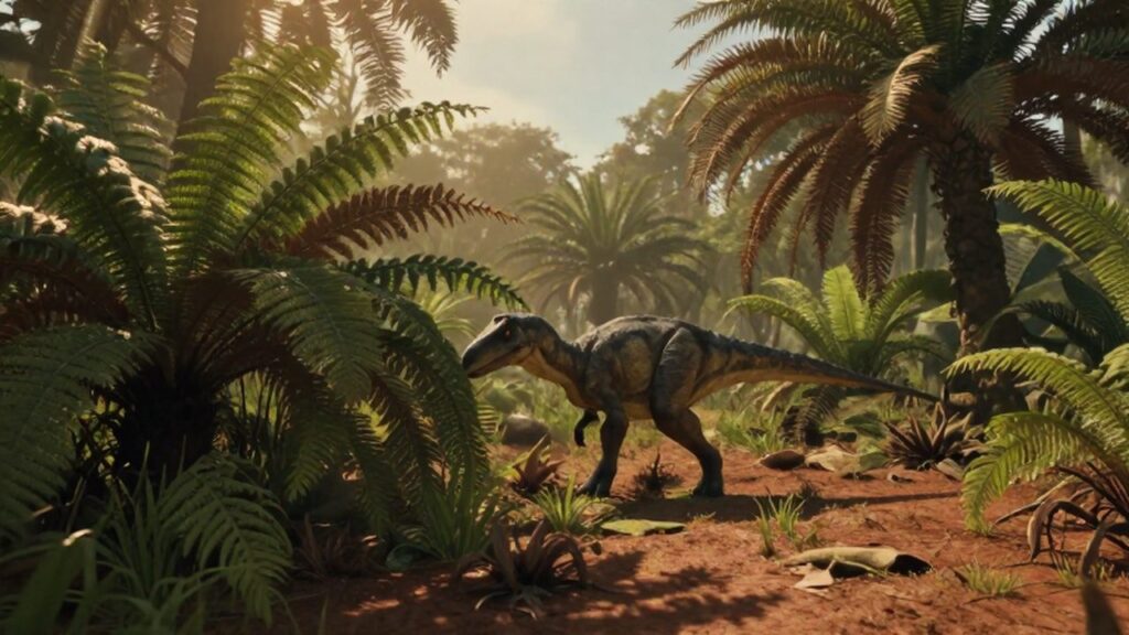 Un pequeño dinosaurio Eoraptor busca alimento entre helechos y vegetación en un bosque prehistórico.