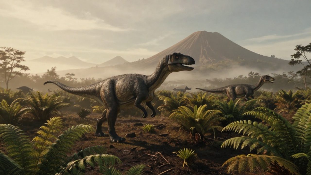 Pequeños dinosaurios caminan entre helechos y la niebla de un paisaje volcánico al amanecer.