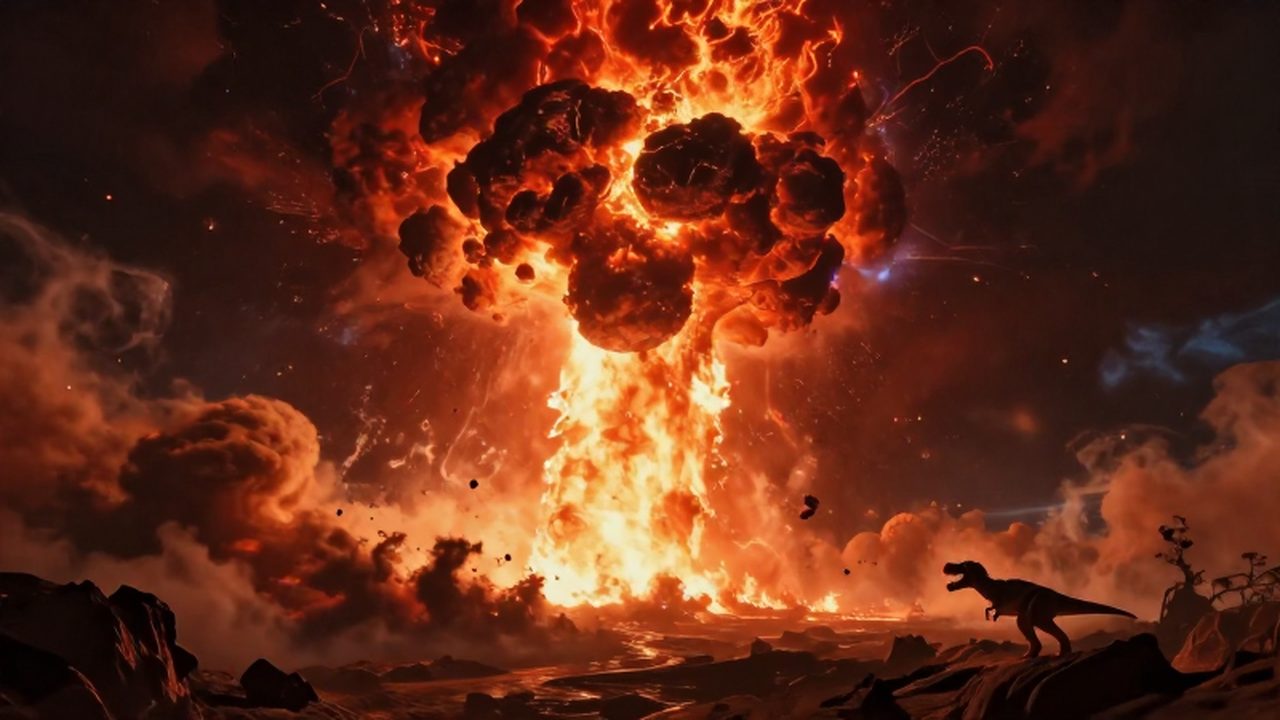 Un asteroide ardiente impacta un paisaje prehistórico mientras un tiranosaurio observa la destrucción.