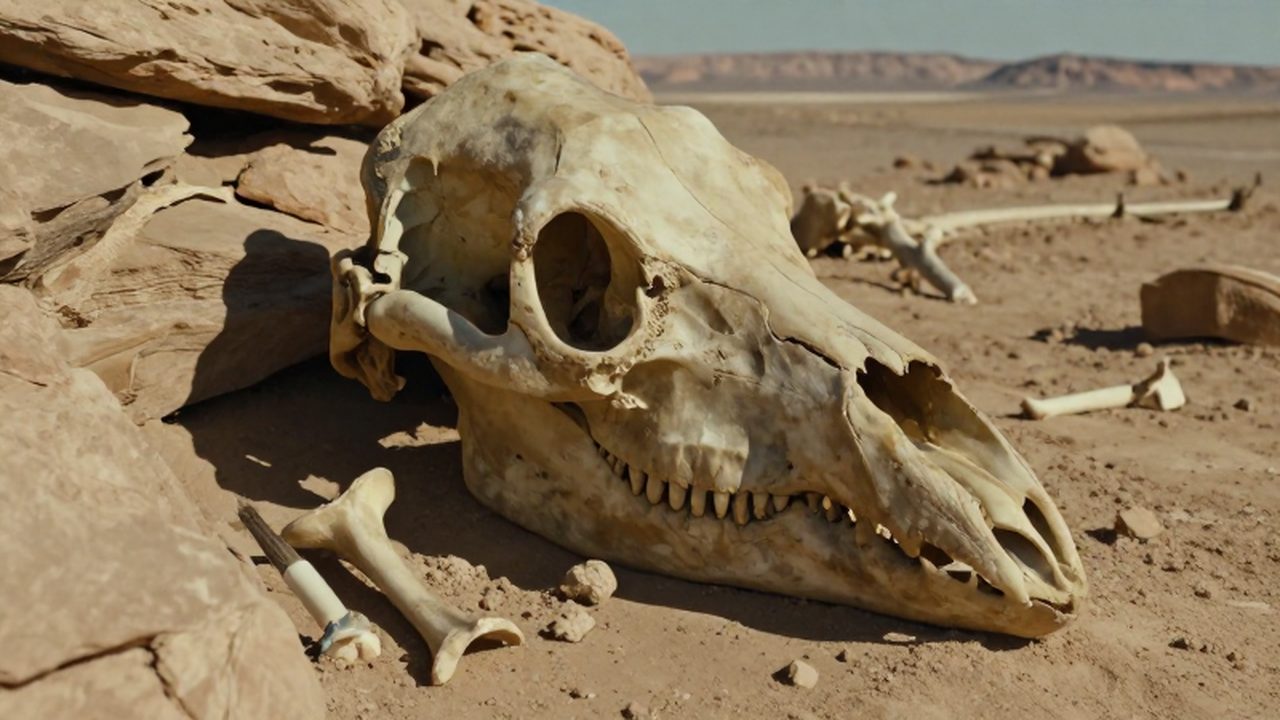 Cráneo de dinosaurio saurópodo parcialmente fosilizado entre rocas y fragmentos óseos en un sitio de excavación.