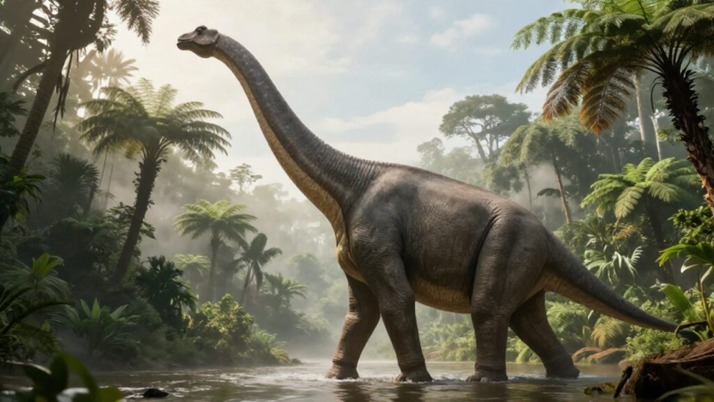 Argentinosaurus caminando por un valle selvático con niebla matutina entre helechos gigantes.