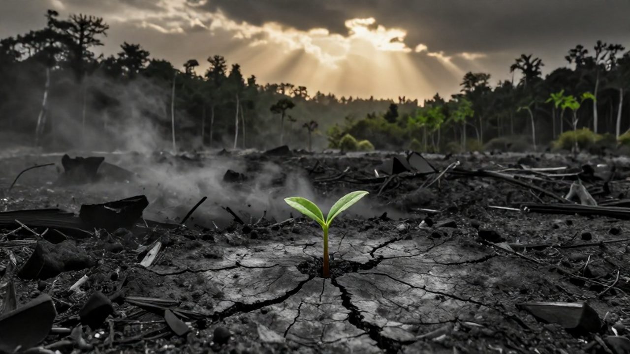 Un pequeño brote verde crece entre la tierra quemada de un paisaje devastado bajo la luz dorada.