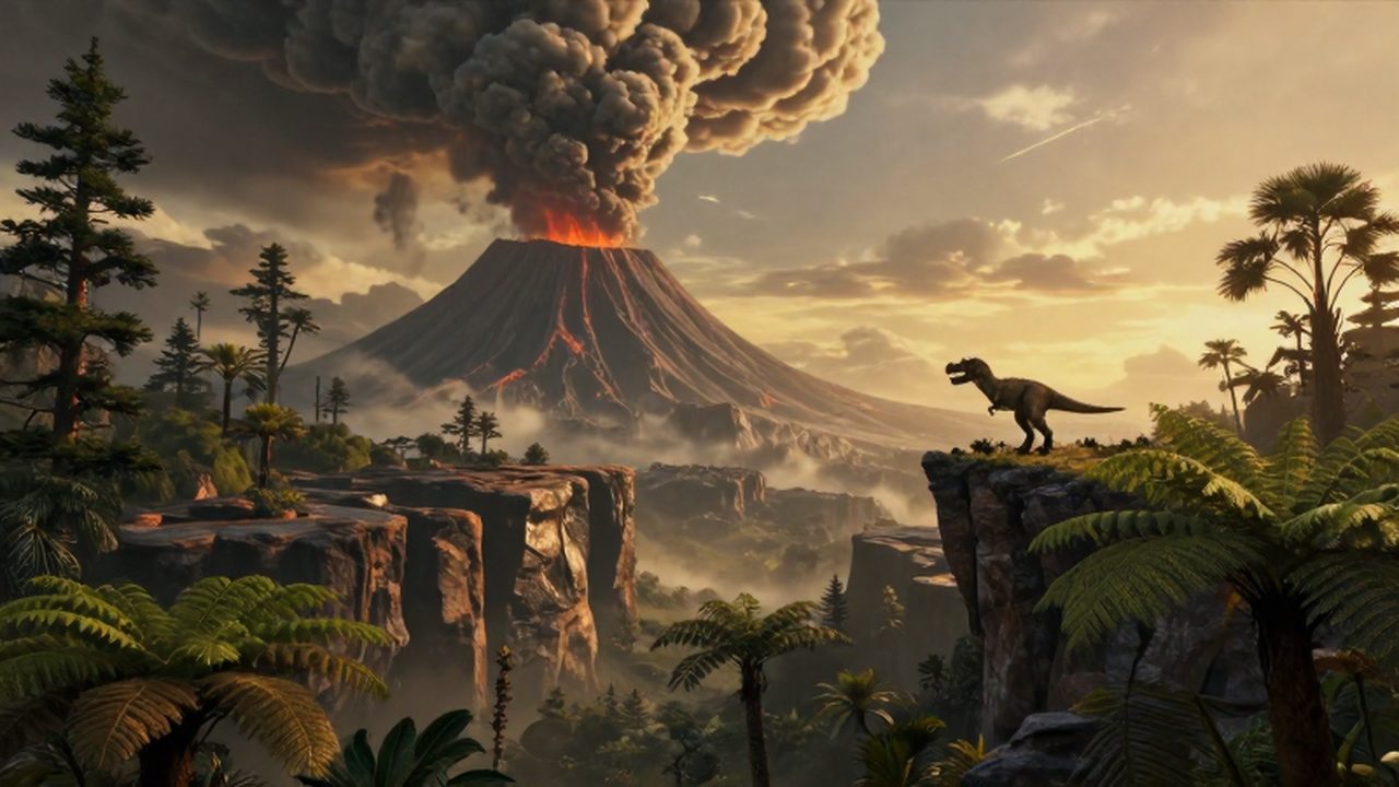 Un tiranosaurio rex observa un paisaje prehistórico con volcanes en erupción bajo una luz dorada.