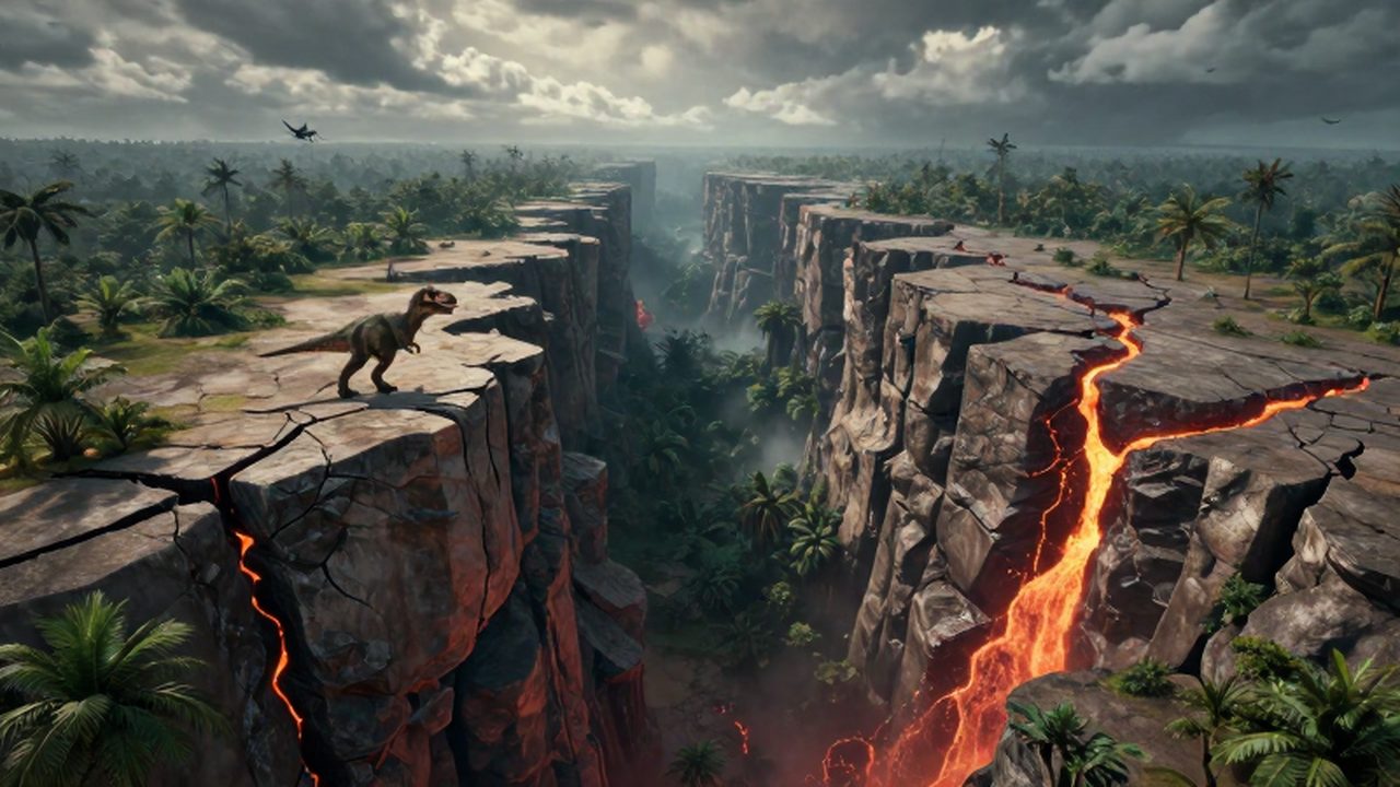 Un tiranosaurio rex observa desde un borde continental que se fractura entre junglas y lava.