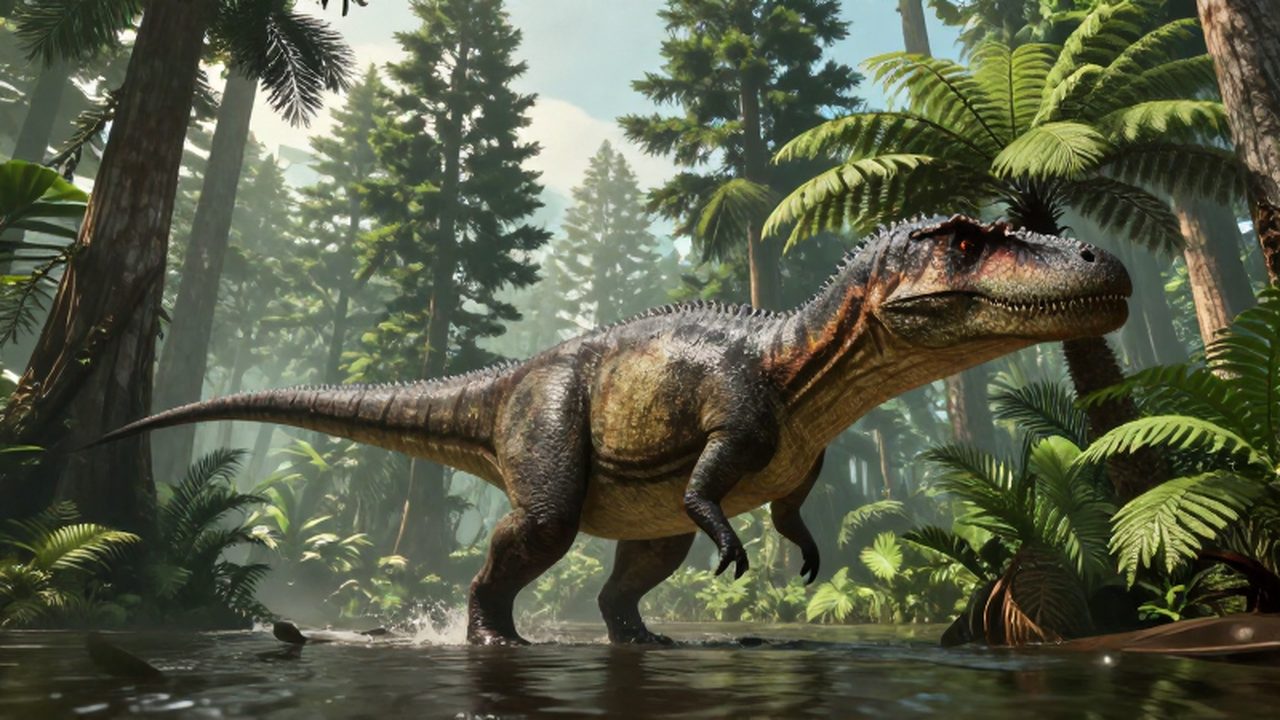 Un enorme Spinosaurus camina entre helechos y árboles gigantes en un delta fluvial brumoso.