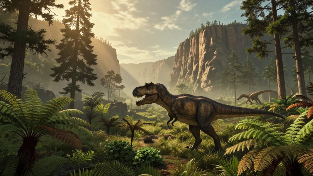 Un imponente Tyrannosaurus Rex camina entre helechos y coníferas en un vasto valle prehistórico.