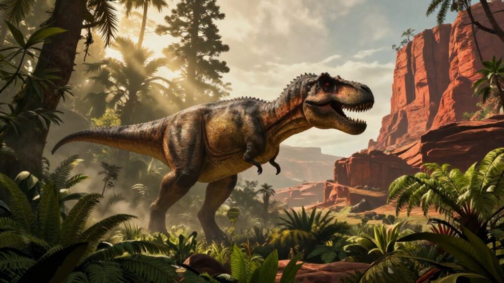 Un tiranosaurio rex camina entre una selva tropical frente a un cañón de roca roja.