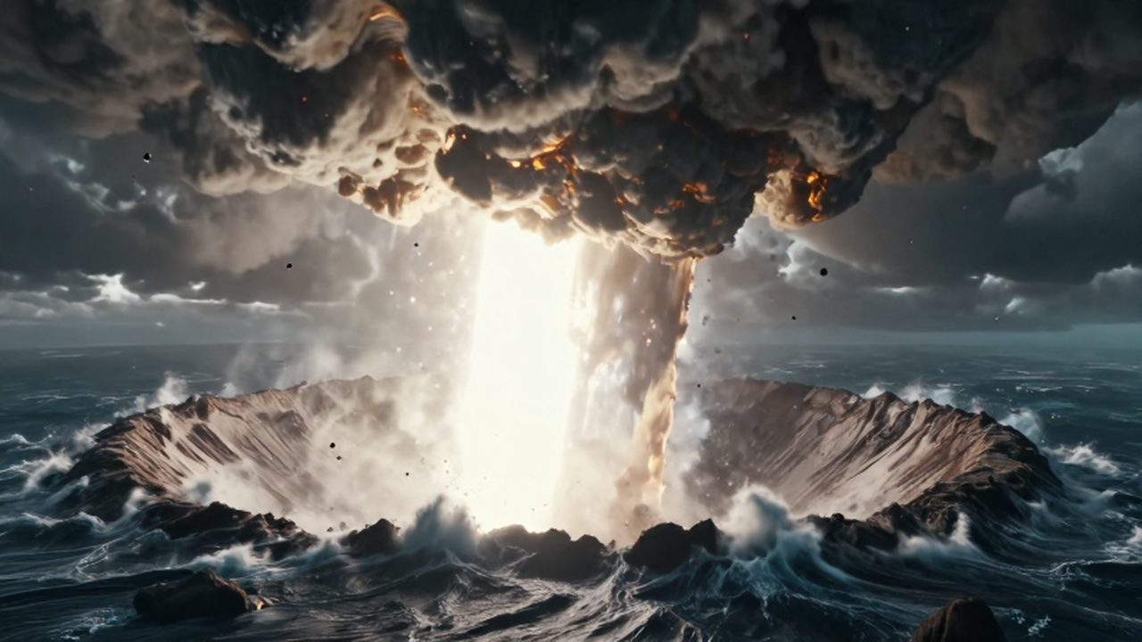 Un asteroide colisiona contra la Tierra provocando una explosión masiva de luz y ondas de choque.